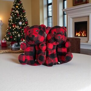 Snugimals Ladies Slippers Buffalo Plaid Red Black Bear M 7/8 Cozy Comfort